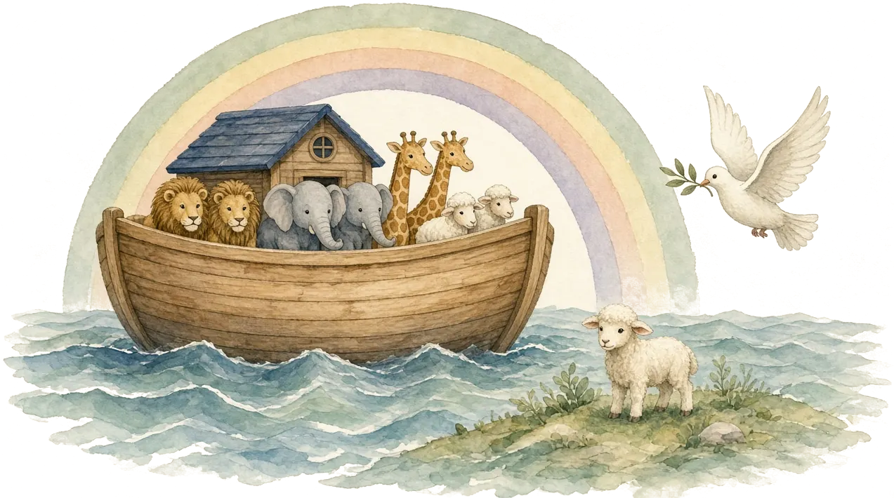 Watercolor painting of Noah's ark with animals, a rainbow, a dove, and a lamb